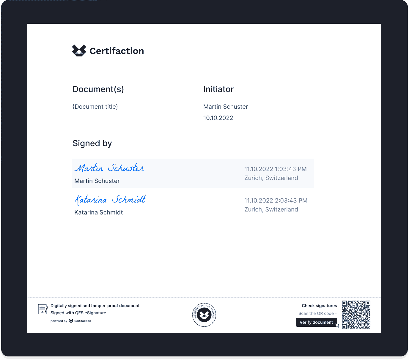Certifaction signed document certificate showing signatories, timestamps, and a verification QR code