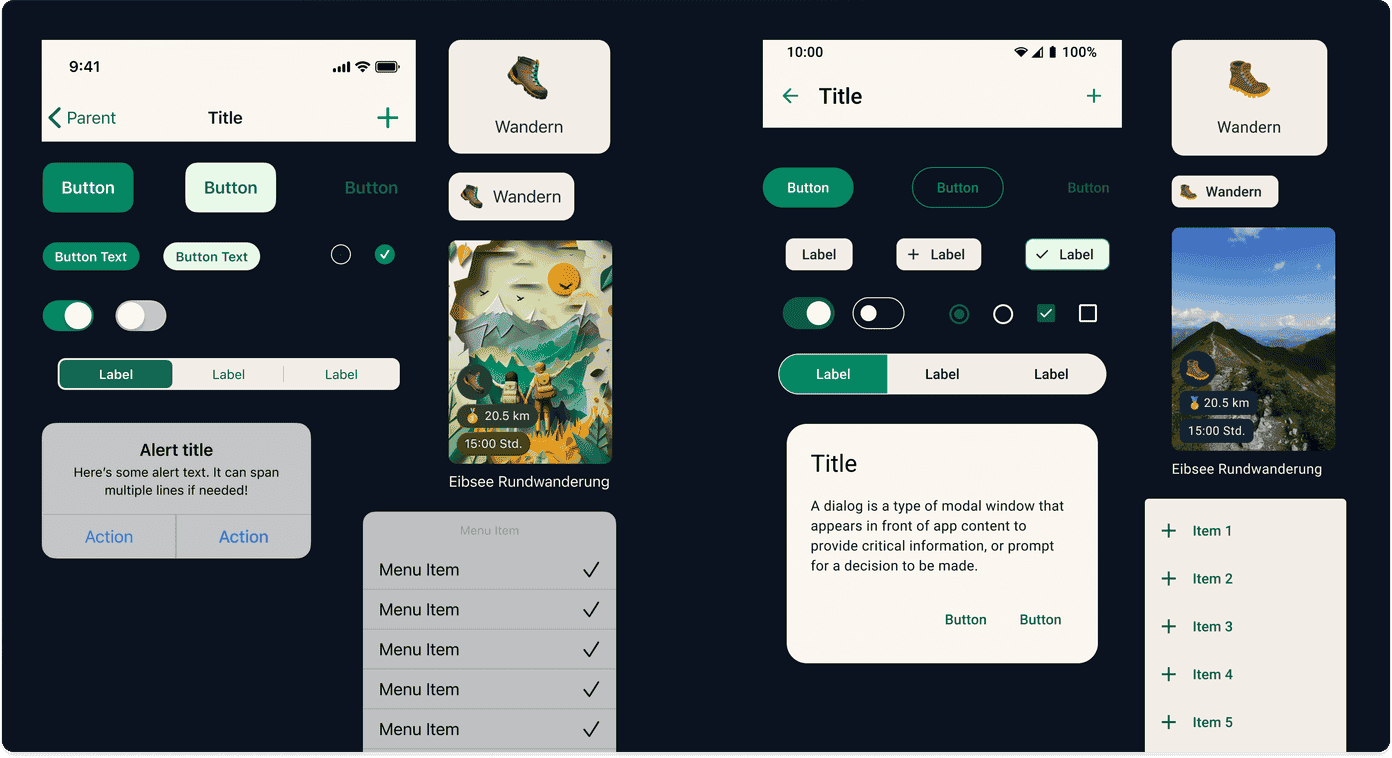 Triphunt iOS and Android component library — buttons, category chips, trip cards, menu lists, and dialogs shown in light and dark themes