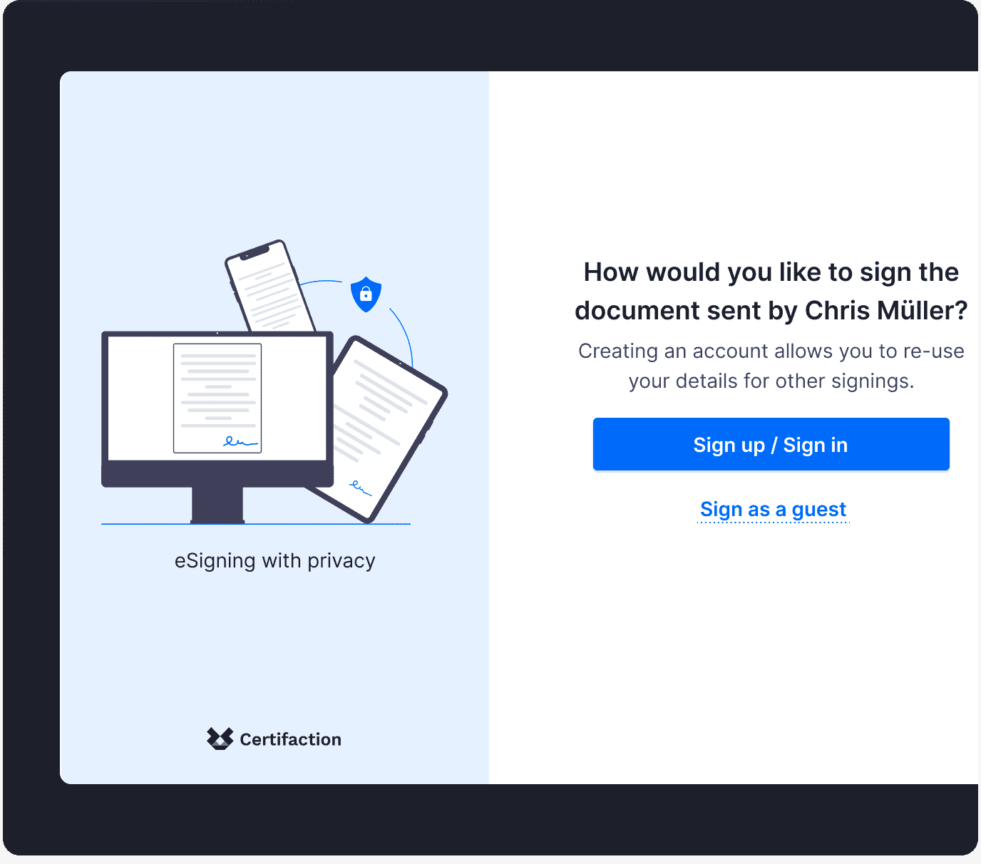 Certifaction eSigning screen asking a recipient how they'd like to sign a shared document