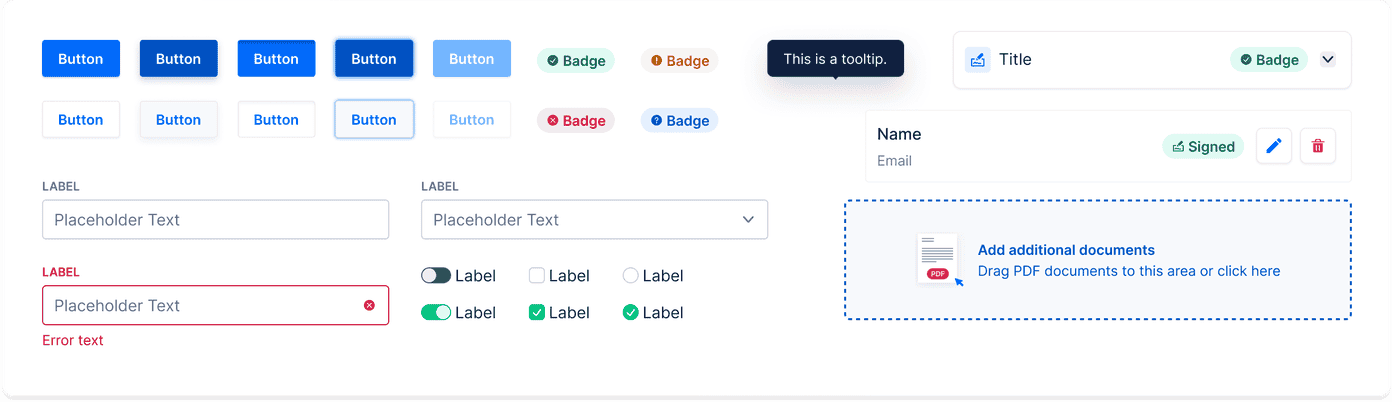 Certifaction UI component library — buttons, badges, form fields, toggles, and document upload and signing components