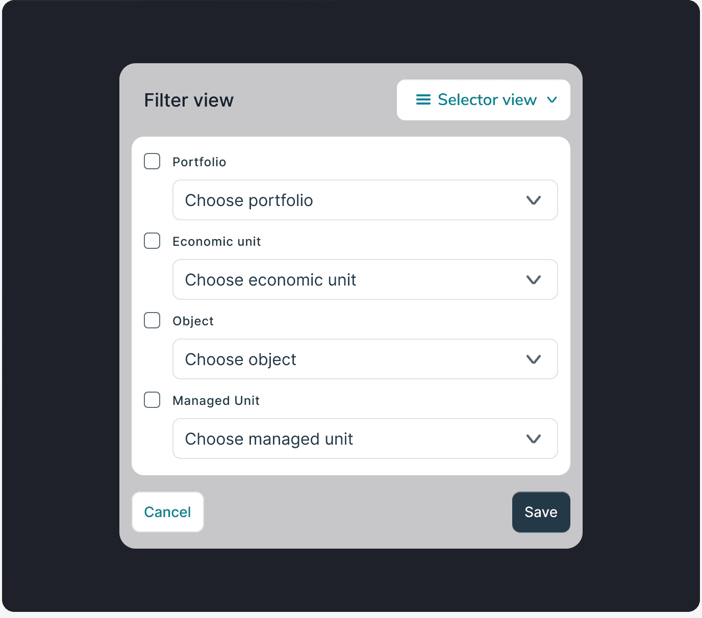Sensaru filter view panel for selecting portfolio, economic unit, object, and managed unit