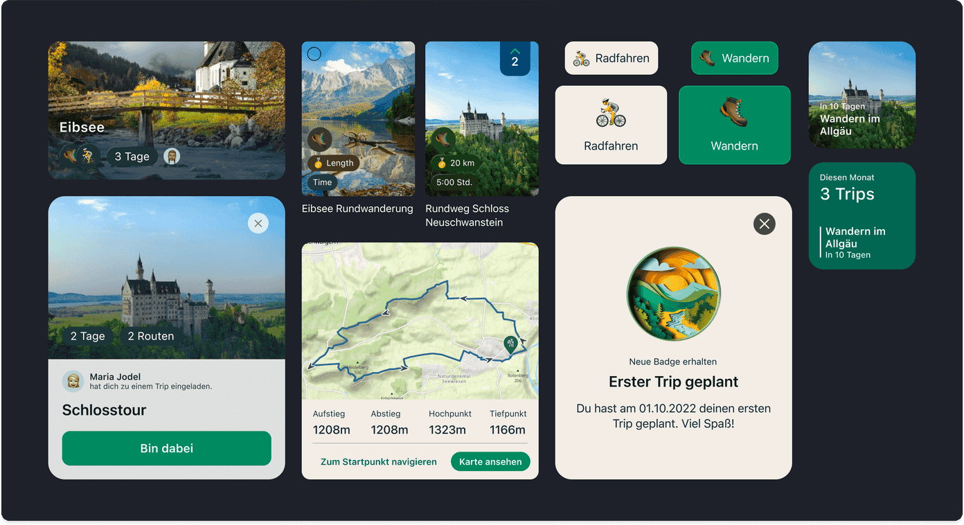 Collage of Triphunt screens showing trip cards, route details, activity selectors, and a first-trip achievement badge