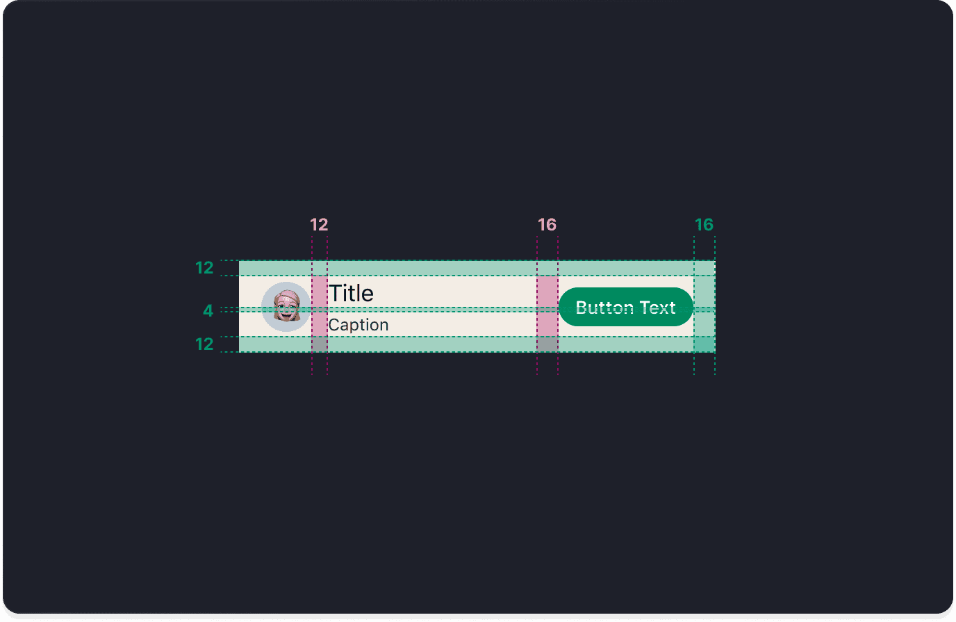 Triphunt spacing token example showing 4px, 12px, and 16px padding applied to a list row with avatar and button