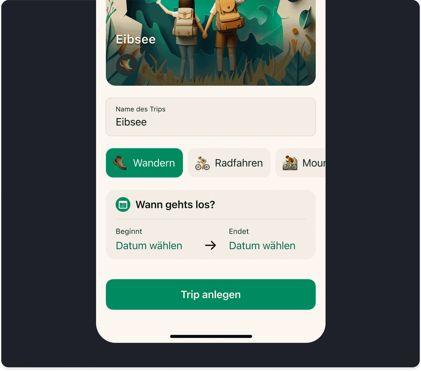Triphunt create-trip screen with trip name, activity type selection, and start and end date pickers