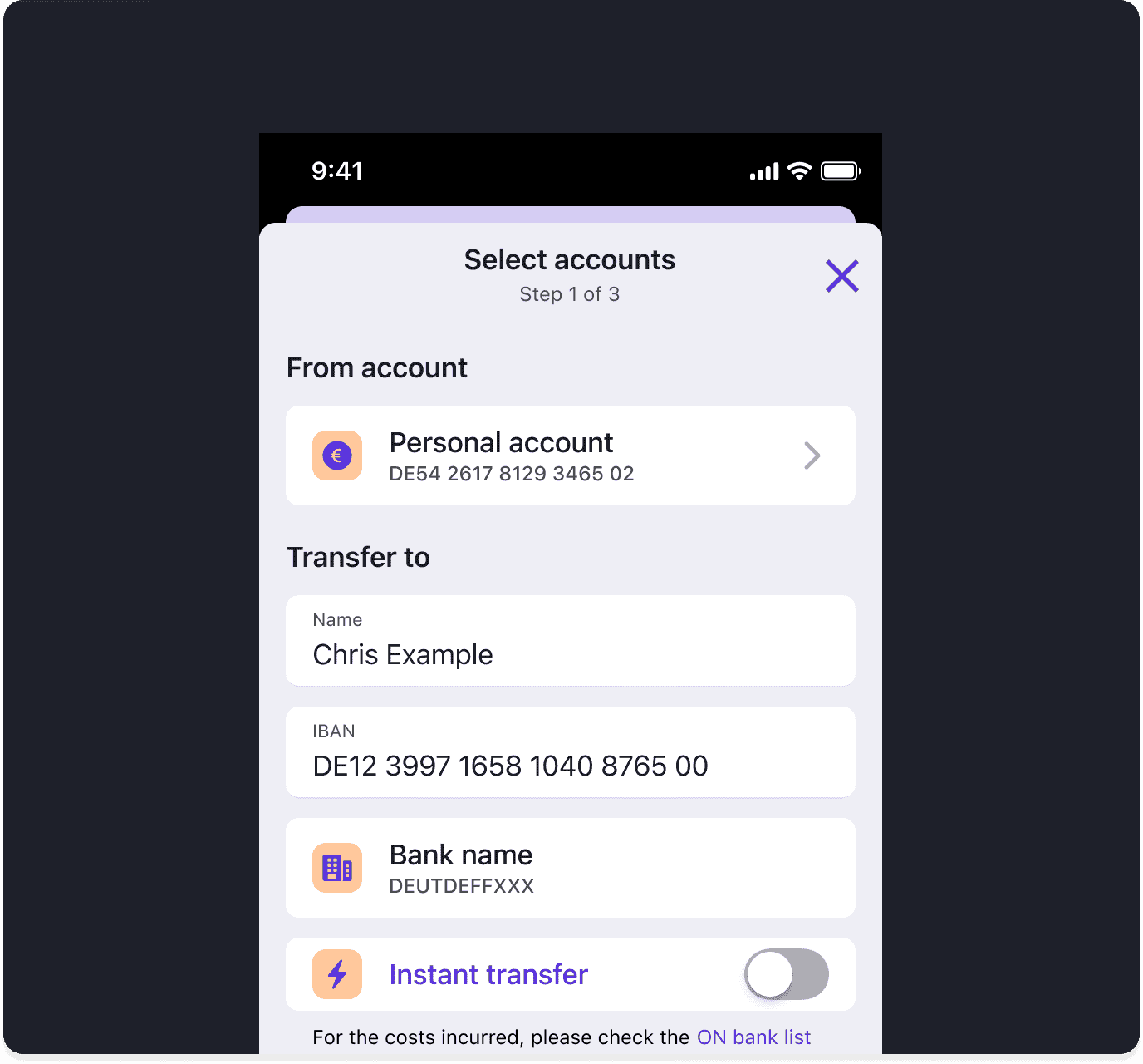 Postbank transfer flow step showing account selection and recipient IBAN details