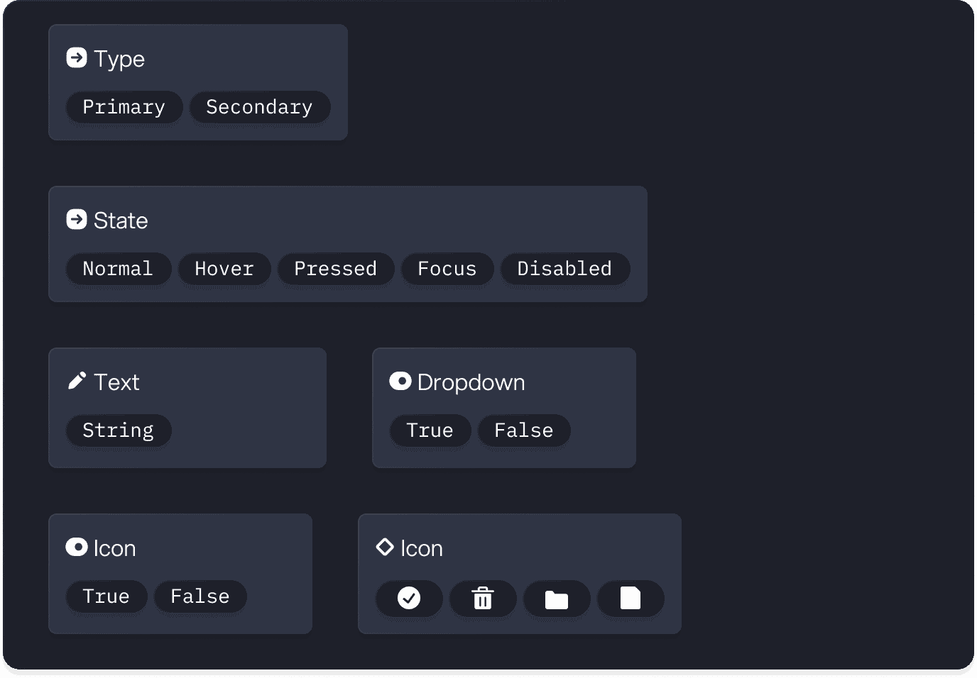 Certifaction button component properties panel in Figma showing type, state, text, and icon variants