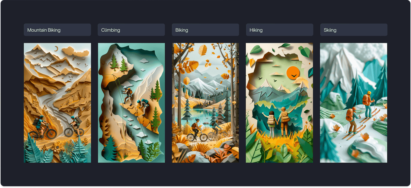 Triphunt activity category selector with illustrated cards for mountain biking, climbing, biking, hiking, and skiing