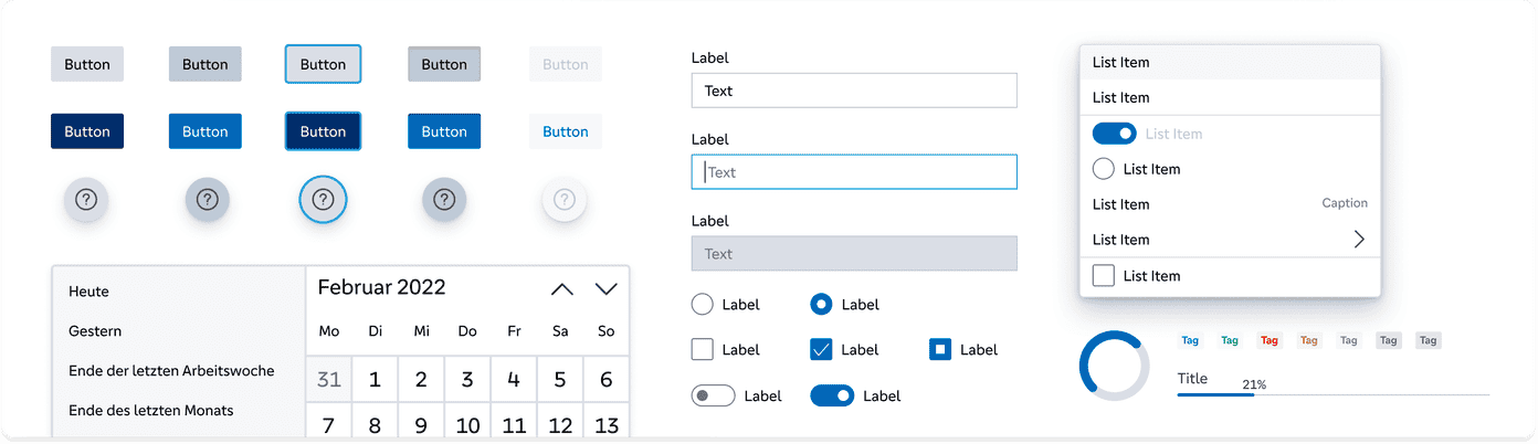 Volksbank light-theme component library — buttons, calendar, form inputs, toggles, list items, and progress indicator