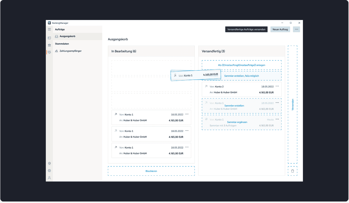 Volksbank BankingManager desktop app outbox screen showing payment orders in progress and ready to send