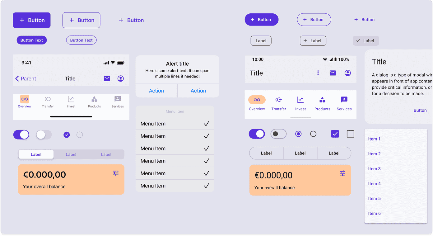 Postbank light-theme component library sheet — buttons, nav bars, tab bars, toggles, balance cards, alerts, and lists for iOS and Android