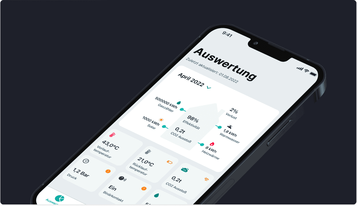 Sensaru mobile app evaluation screen showing a monthly heating energy report with efficiency, CO2, and sensor data