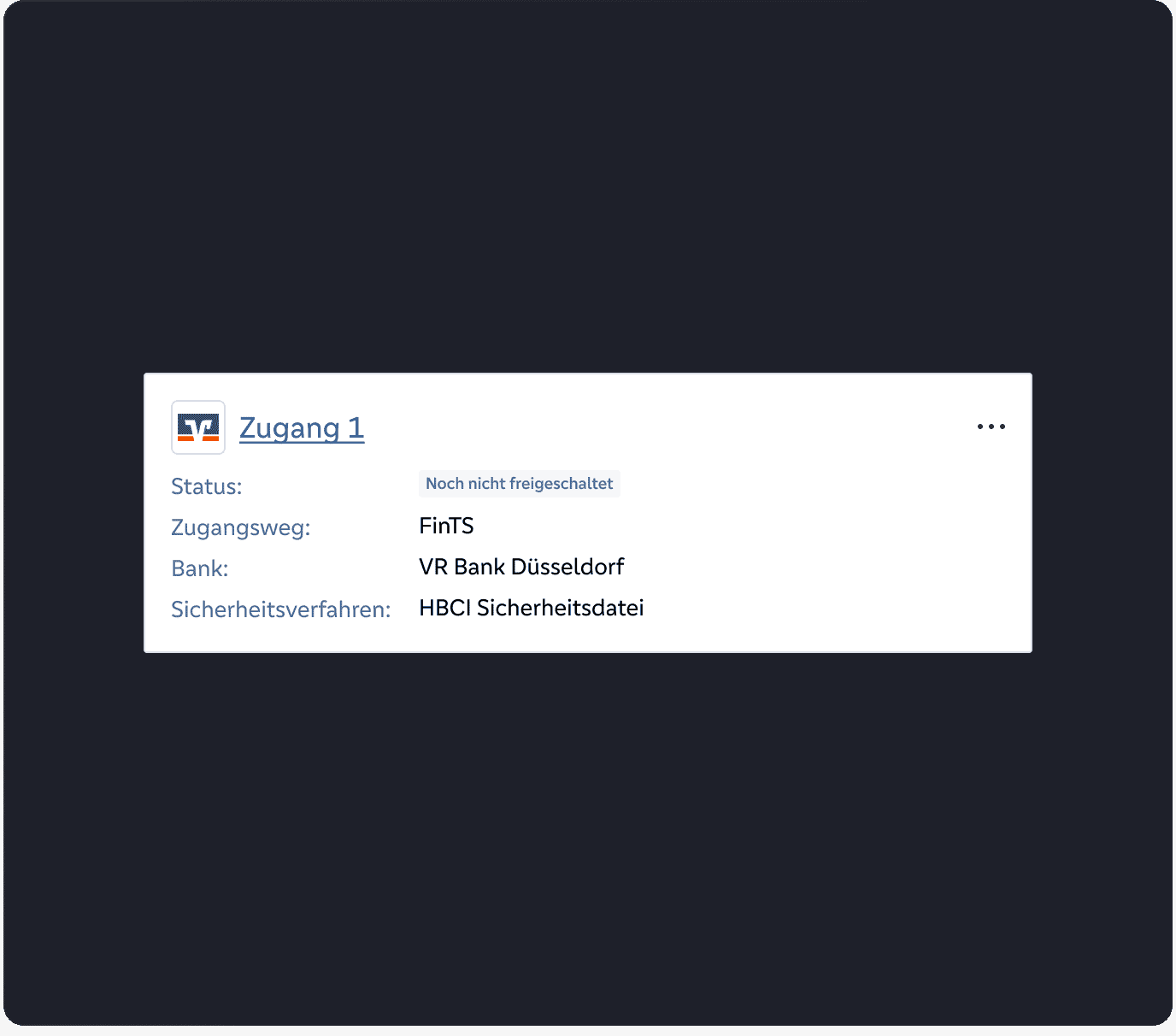 Volksbank bank access detail card showing connection status, access method, and security procedure