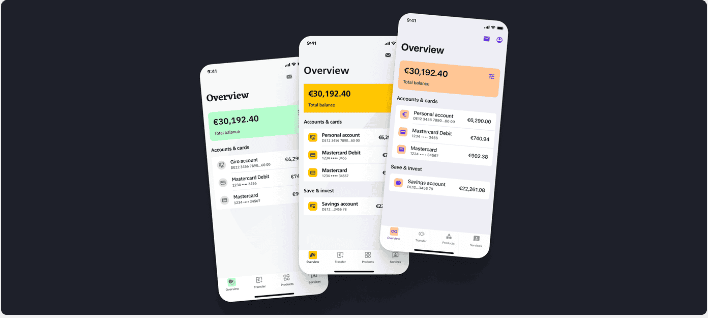 Three Postbank app screens in different brand color themes showing account overview, balances, and cards
