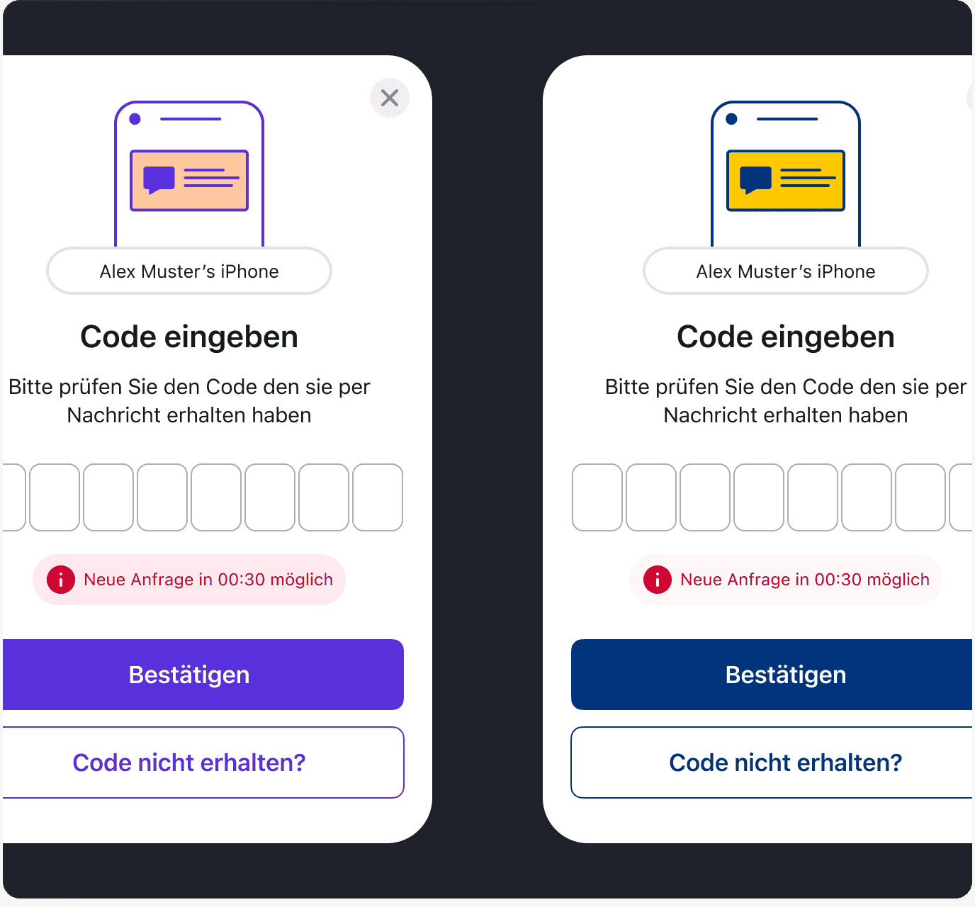 Postbank two-factor authentication code entry screen shown in two brand color variants