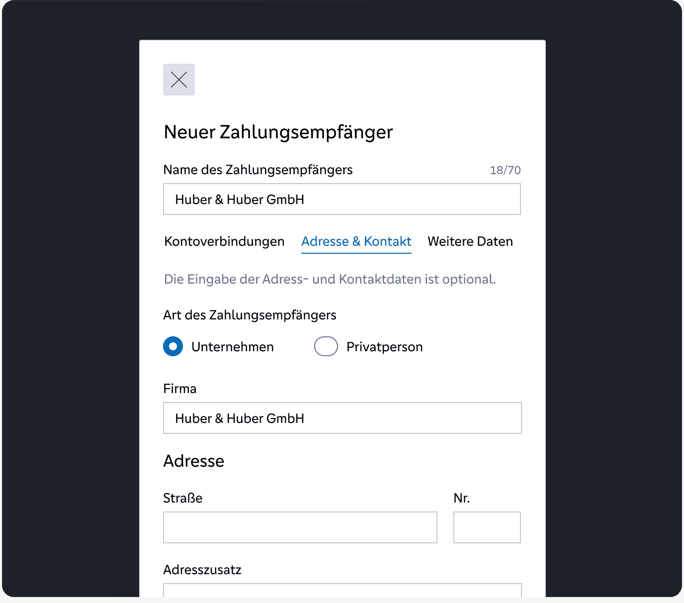 Volksbank BankingManager new payee form with company details and address fields