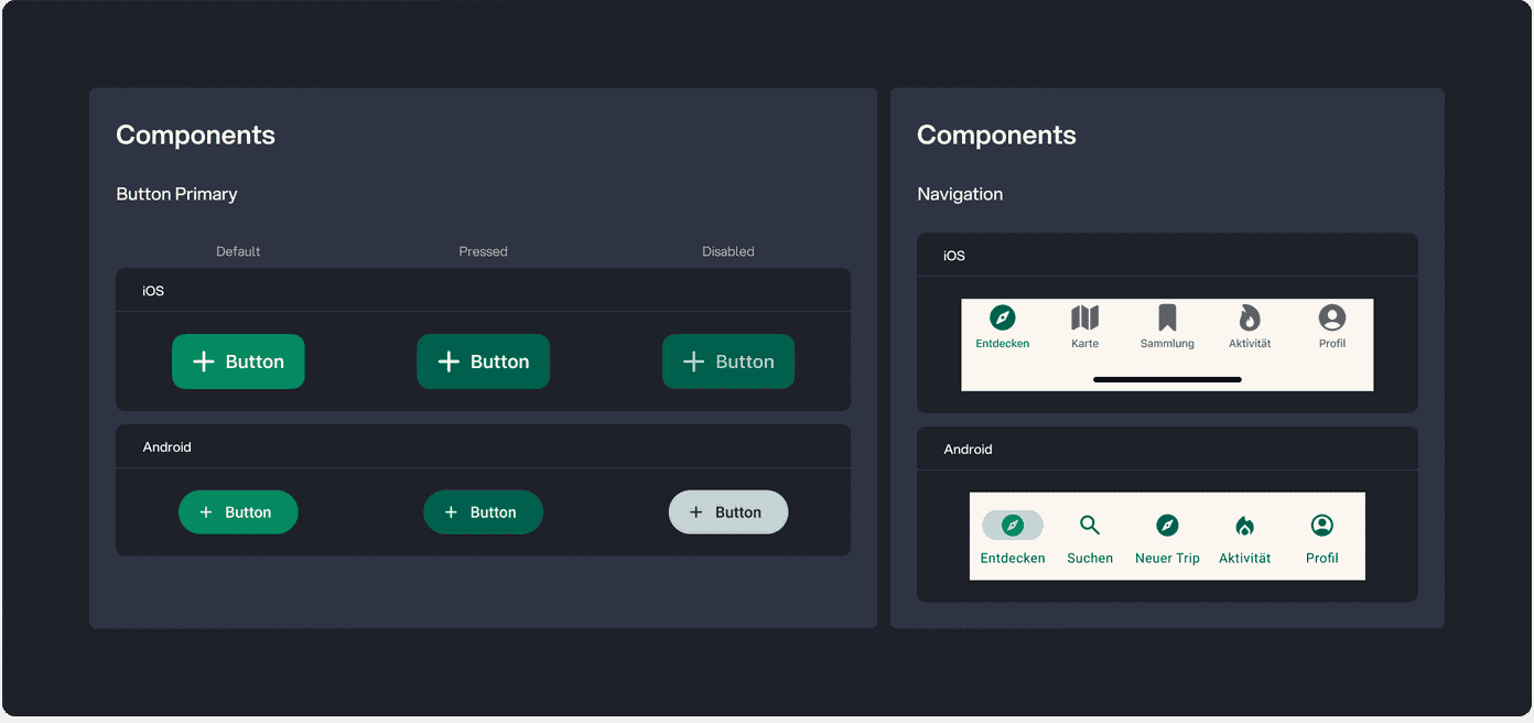 Triphunt button component states (default, pressed, disabled) and iOS and Android bottom navigation bars