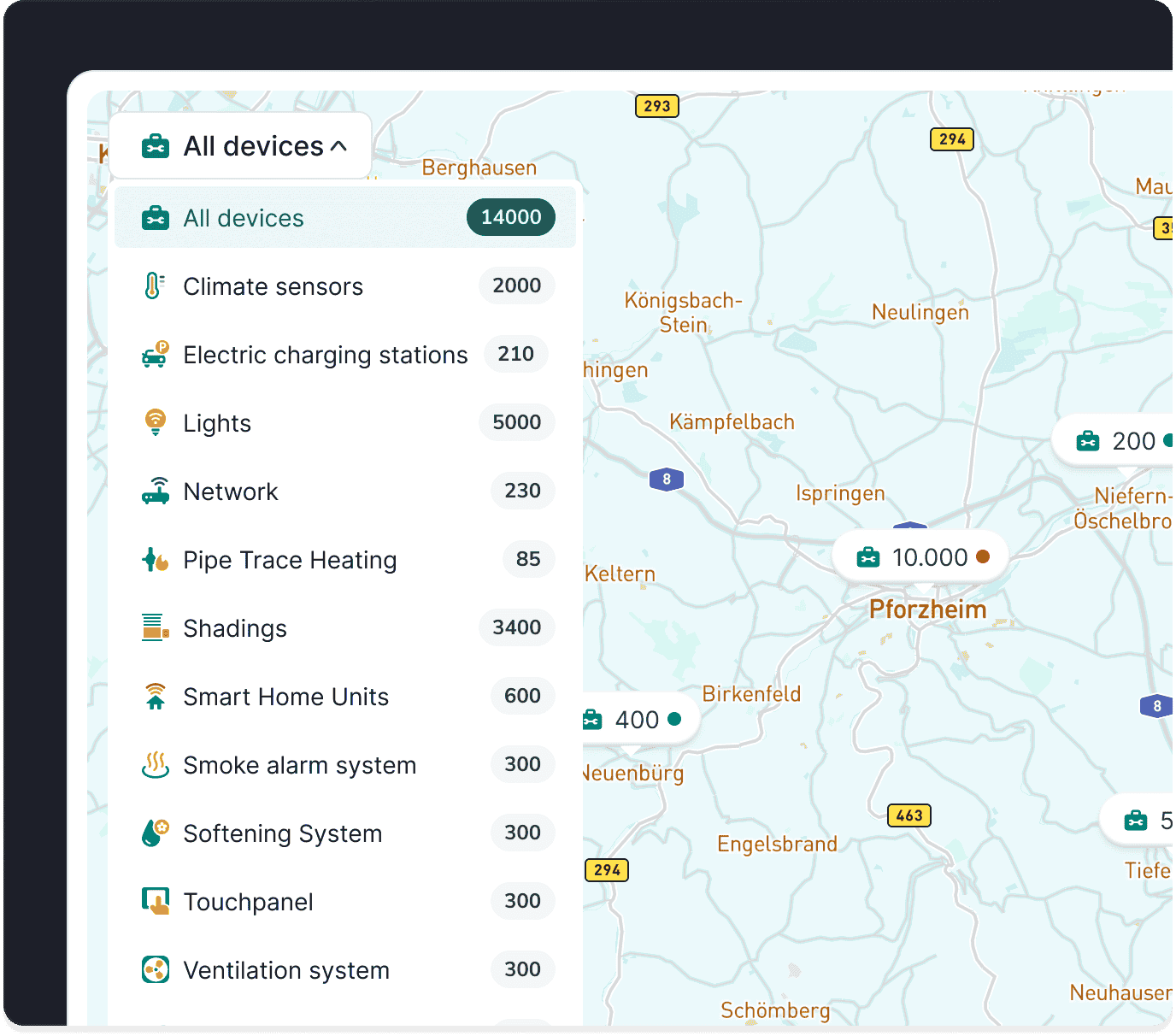 Sensaru device management map showing device counts by category across building locations near Pforzheim