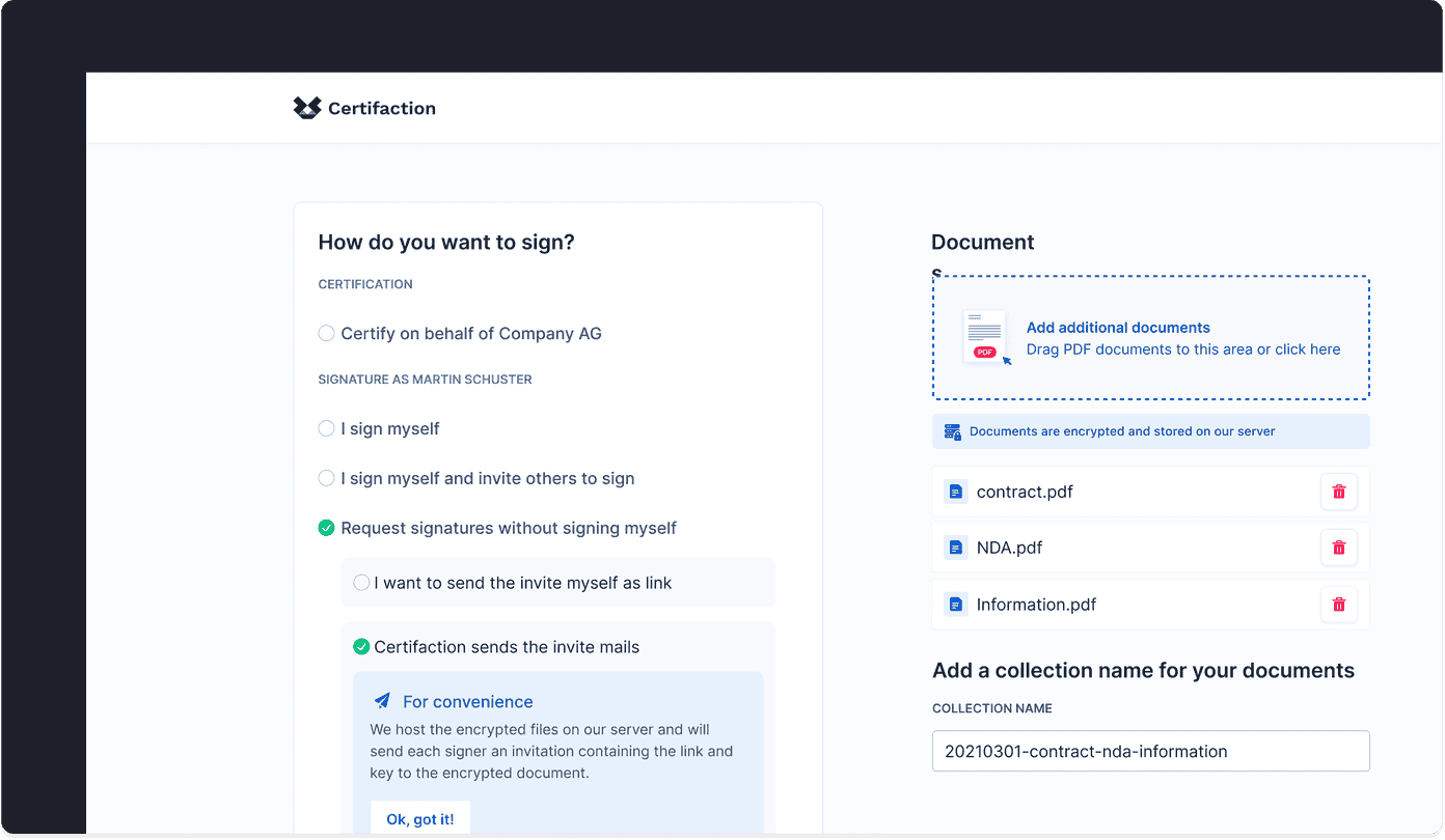 Certifaction document signing flow showing signing method options and an uploaded document collection