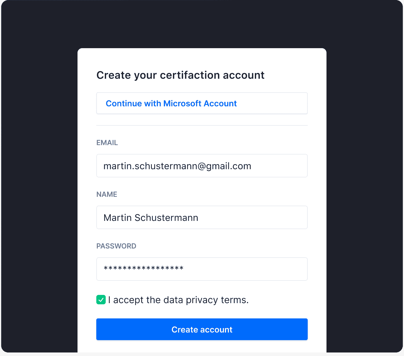 Certifaction account creation screen with Microsoft sign-in and email signup form