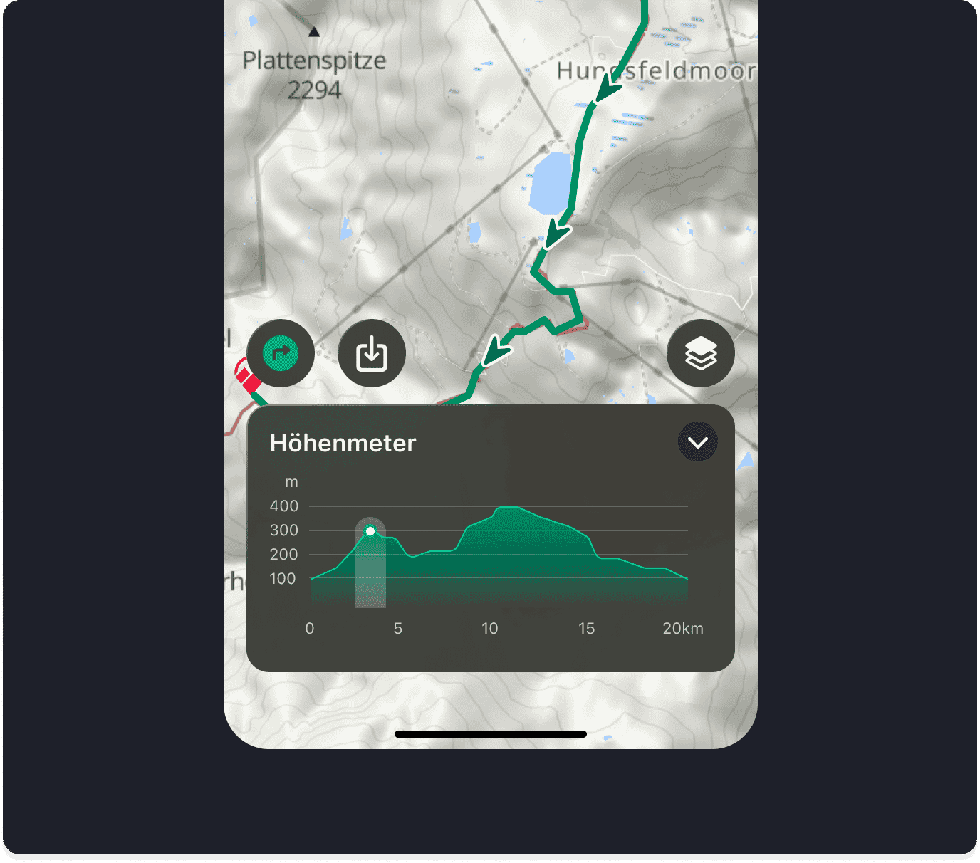 Triphunt route detail screen showing a topographic map with route line and elevation profile chart