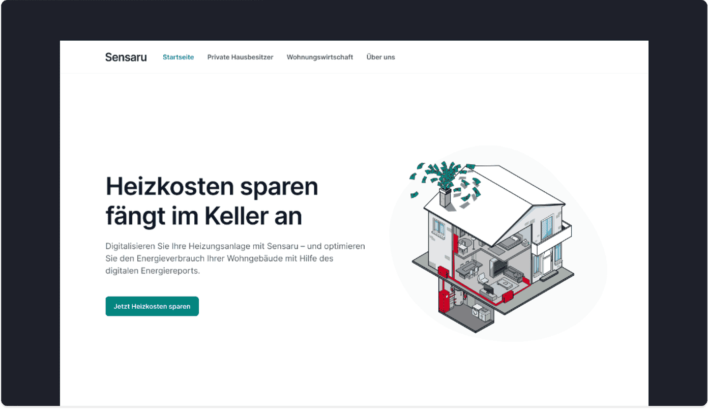 Sensaru marketing website homepage hero showing the heating cost savings pitch and house illustration